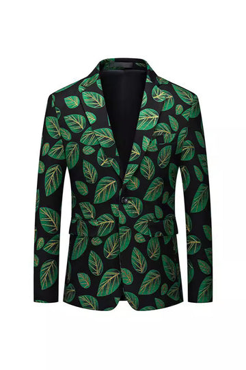 Dark Green Leaf Printed Notched Lapel Men's Blazer